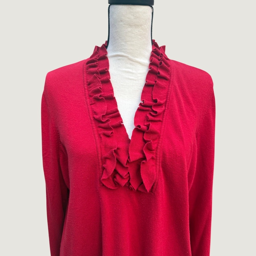Lauren Ralph Lauren Red Silk Blend Ruffle V-Neck Sweater Womens 1X Pullover